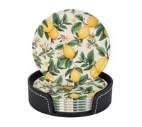 Drink Coasters Heat Resistant Leather Coaster Set of 6 for Drink Lemons and Lemon Leaves Coffee Cup Mat Round Tabletop Protection Pad with Holder 4"