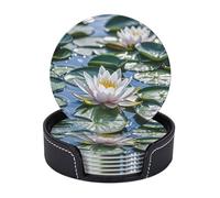 Drink Coasters Heat Resistant Leather Coaster Set of 6 for Drink Water Lily Pond Coffee Cup Mat Round Tabletop Protection Pad with Holder 4"