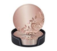 Drink Coasters Heat Resistant Leather Coaster Set of 6 Rose Gold Wallpaper Coaster Round Coffee Cup Mat with Metal Holder Tabletop Protection Cup Mat Pad for Kitchen 4"