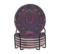 Drink Coasters Magical Astrology Dark Purple Coasters Set of 6 with Holder Round Absorbent Cup Mats for Bar Coffee Tabletop Protection