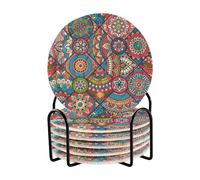 Drink Coasters Moroccan Bohemian Mandala Tile Coasters Set of 6 with Holder Round Absorbent Cup Mats for Bar Coffee Tabletop Protection