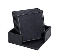 Drink Coasters PU Leather Coaster Black Cup Pad Square Coffee Drink Mat for Home and Bar Set of 6 with Holder