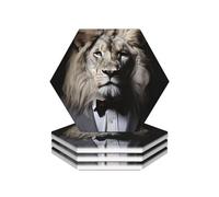 Drink Coasters Set of 4 Ceramic Coaster Animal Lion White Black in Suits Coasters for Drinks Cups Mugs Mat Pads Absorbent Non-Slip Decorative Cup Coaster for Coffee Table Kitchen Bar Home Decor
