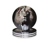 Drink Coasters Set of 4 Ceramic Coaster Animal Lion White Black in Suits Coasters for Drinks Cups Mugs Mat Pads Absorbent Non-Slip Decorative Cup Coaster for Coffee Table Kitchen Bar Home Decor
