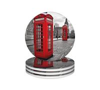 Drink Coasters Set of 4 Ceramic Coaster London Red Telephone Booth Coasters for Drinks Cups Mugs Mat Pads Absorbent Non-Slip Decorative Cup Coaster for Coffee Table Kitchen Bar Home Decor