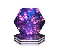 Drink Coasters Set of 4 Ceramic Coaster Purple cute butterfly print Coasters for Drinks Cups Mugs Mat Pads Absorbent Non-Slip Decorative Cup Coaster for Coffee Table Kitchen Bar Home Decor
