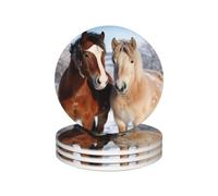 Drink Coasters Set of 4 Ceramic Coaster Two horses standing in the snow Coasters for Drinks Cups Mugs Mat Pads Absorbent Non-Slip Decorative Cup Coaster for Coffee Table Kitchen Bar Home Decor