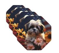 Drink Coasters Set of 4 Leather Coasters for Drinks Shih Tzu Dog and Flowers Round Cup Mat Pad Easy Clean Bar Coasters Heat Resistant Funny Cup Coasters for Tabletop Protection,4 Inches