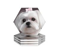 Drink Coasters Set of 4 Non-Slip Ceramic Coasters with Holder Lovely Maltese Dog Coasters for Drinks Tabletop Protection Cups Mugs Mat Pads for Coffee Table Bar Home Decor