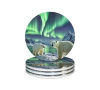 Drink Coasters Set of 4 Non-Slip Ceramic Coasters with Holder Polar Bears Northern Lights Coasters for Drinks Tabletop Protection Cups Mugs Mat Pads for Coffee Table Bar Home Decor