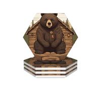 Drink Coasters Set of 4 Non-Slip Ceramic Coasters with Holder Rustic Lodge Bear Coasters for Drinks Tabletop Protection Cups Mugs Mat Pads for Coffee Table Bar Home Decor