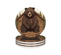 Drink Coasters Set of 4 Non-Slip Ceramic Coasters with Holder Rustic Lodge Bear Coasters for Drinks Tabletop Protection Cups Mugs Mat Pads for Coffee Table Bar Home Decor