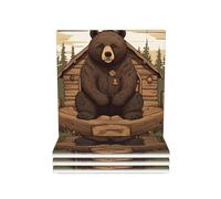 Drink Coasters Set of 4 Non-Slip Ceramic Coasters with Holder Rustic Lodge Bear Coasters for Drinks Tabletop Protection Cups Mugs Mat Pads for Coffee Table Bar Home Decor