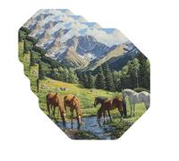 Drink Coasters Set of 4 Quick-Dry Leather Coaster Mountain Pasture Horses Coasters for Drinks Coffee Cup Mat Tabletop Protection Heat Resistant Coaster for Kitchen Bar Office Home Decor