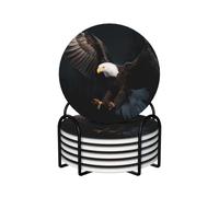 Drink Coasters Set of 6 Ceramic Coaster with Holder 3D Bald Eagle Coasters for Drinks Cups Mugs Mat Pads Absorbent Non-Slip Decorative Cup Coaster for Coffee Table Kitchen Bar Home Decor