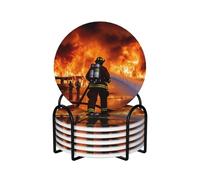 Drink Coasters Set of 6 Ceramic Coaster with Holder Firefighter Fireman Flame Coasters for Drinks Cups Mugs Mat Pads Absorbent Non-Slip Decorative Cup Coaster for Coffee Table Kitchen Bar Home Decor