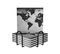 Drink Coasters Set of 6 Ceramics Coasters with Holder Black and White World map Round Coaster for Drinks Tabletop Protection Cup Mat Heat Resistant Coffee Cup Mat 4"