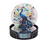 Drink Coasters Set of 6 Color Peacock Leather Coasters Spill Protection for Table Desk Cute Drink Coasters for Cup Heat Resistant Coffee Coasters for Kitchen Office