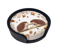 Drink Coasters Set of 6 Cup Mat Nature Lovely Hedgehog Lovers Print Leather Coasters with Holder for Glass Coffee Cup Mug
