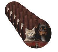 Drink Coasters Set of 6 Leather Coasters Non Slip Cat and Dog Sitting in Leather Pocket Personalized Coffee Cup mat Decorate Cup Mat Mug pad for Tabletop Protection Housewarming Gift