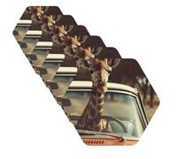 Drink Coasters Set of 6 Leather Coasters Non Slip Giraffe Driving A Car Personalized Coffee Cup mat Decorate Cup Mat Mug pad for Tabletop Protection Housewarming Gift