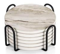 Drink Coasters Set of 6 - Marble Style Ceramic Round Coaster, Coasters with Holder and Cork Base, Ceramic coaster suitable for all kinds of cups, gift, for Women Men Home Decor, 4 ''