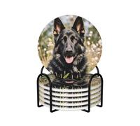 Drink Coasters Set of 6 Non-Slip Ceramic Coasters with Holder black german shepherd Coasters for Drinks Tabletop Protection Cups Mugs Mat Pads for Coffee Table Bar Home Decor