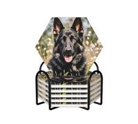 Drink Coasters Set of 6 Non-Slip Ceramic Coasters with Holder black german shepherd Coasters for Drinks Tabletop Protection Cups Mugs Mat Pads for Coffee Table Bar Home Decor