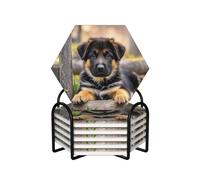 Drink Coasters Set of 6 Non-Slip Ceramic Coasters with Holder German Shepherd Puppy Coasters for Drinks Tabletop Protection Cups Mugs Mat Pads for Coffee Table Bar Home Decor