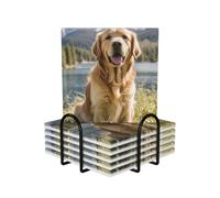 Drink Coasters Set of 6 Non-Slip Ceramic Coasters with Holder Golden Retrievers Coasters for Drinks Tabletop Protection Cups Mugs Mat Pads for Coffee Table Bar Home Decor
