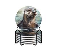 Drink Coasters Set of 6 Non-Slip Ceramic Coasters with Holder Hand Drawn Otter Coasters for Drinks Tabletop Protection Cups Mugs Mat Pads for Coffee Table Bar Home Decor