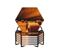 Drink Coasters Set of 6 Non-Slip Ceramic Coasters with Holder Hay Bales Coasters for Drinks Tabletop Protection Cups Mugs Mat Pads for Coffee Table Bar Home Decor