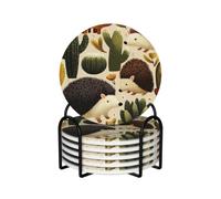 Drink Coasters Set of 6 Non-Slip Ceramic Coasters with Holder Hedgehogs Cactus Coasters for Drinks Tabletop Protection Cups Mugs Mat Pads for Coffee Table Bar Home Decor