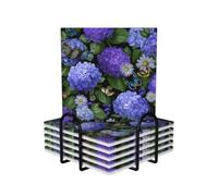 Drink Coasters Set of 6 Non-Slip Ceramic Coasters with Holder Hydrangeas Daisies Butterflies Coasters for Drinks Tabletop Protection Cups Mugs Mat Pads for Coffee Table Bar Home Decor