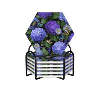 Drink Coasters Set of 6 Non-Slip Ceramic Coasters with Holder Hydrangeas Daisies Butterflies Coasters for Drinks Tabletop Protection Cups Mugs Mat Pads for Coffee Table Bar Home Decor