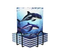 Drink Coasters Set of 6 Non-Slip Ceramic Coasters with Holder Orca Killer Whale Coasters for Drinks Tabletop Protection Cups Mugs Mat Pads for Coffee Table Bar Home Decor