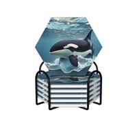Drink Coasters Set of 6 Non-Slip Ceramic Coasters with Holder Orca Killer Whale Coasters for Drinks Tabletop Protection Cups Mugs Mat Pads for Coffee Table Bar Home Decor