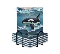 Drink Coasters Set of 6 Non-Slip Ceramic Coasters with Holder Orca Killer Whale Coasters for Drinks Tabletop Protection Cups Mugs Mat Pads for Coffee Table Bar Home Decor