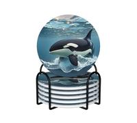 Drink Coasters Set of 6 Non-Slip Ceramic Coasters with Holder Orca Killer Whale Coasters for Drinks Tabletop Protection Cups Mugs Mat Pads for Coffee Table Bar Home Decor