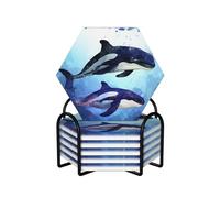 Drink Coasters Set of 6 Non-Slip Ceramic Coasters with Holder Orca Killer Whale Coasters for Drinks Tabletop Protection Cups Mugs Mat Pads for Coffee Table Bar Home Decor