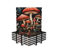 Drink Coasters Set of 6 Non-Slip Ceramic Coasters with Holder Red Mushrooms Coasters for Drinks Tabletop Protection Cups Mugs Mat Pads for Coffee Table Bar Home Decor