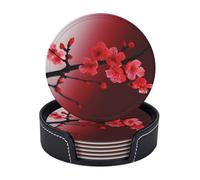 Drink Coasters Set of 6 Red Cherry Blossom Leather Coasters Protection for Table Desk Cute Drink Coasters for Cup Heat Resistant Coffee Coasters for Desk Kitchen Office