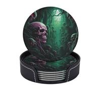 Drink Coasters Set of 6 Round Leather Coaster with Holder Skull Under Green Light Coasters for Drinks Cups Mugs Mat Pads Absorbent Non-Slip Coaster for Coffee Table Kitchen Bar Home Decor