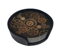 Drink Coasters Set of 6 Steampunk Steampunk Gears Clock Printed Leather Coasters with Holder Durable Non Slip Round Coaster for Home Decor Tabletop Protection
