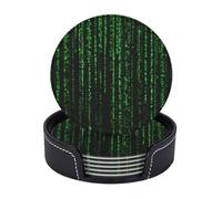 Drink Coasters Set of 6 Waterproof Non-Slip Leather Coaster with Holder Round Mug Mat Green Matrix Coasters for Drinks Tabletop Protection Cup Pad for Coffee Table Bar Home Decor