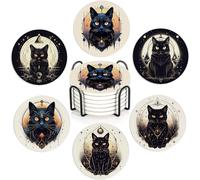 Drink Coasters Set of 6 with Holder, Black Cat Absorbent Ceramic Coasters with Cork Base,Fit All Cups,Great Gift for Housewarming,Room Decor,Bar,Holiday Party