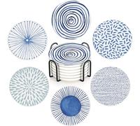 Drink Coasters Set of 6 with Holder, Blue Watercolor Series Absorbent Ceramic Coasters with Cork Base,Fit All Cups,Great Gift for Housewarming,Room Decor,Bar,Holiday Party