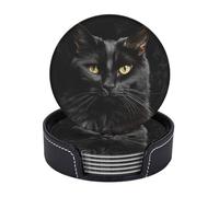 Drink Coasters set of 6 with Holder Leather Coaster for Drinks Black Cat on a Black Background Coasters Tabletop Protection Cup Mat Home Decor Coffee Cup Mat for Kitchen Dining Room Coffee Table