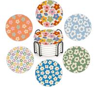 Drink Coasters Set of 6 with Holder, Vintage Groovy Flowers Absorbent Ceramic Drink Coaster for Tabletop Protection,Suitable for Kinds of Cups,Drinks Coasters for Home Office Decoration(4 Inches)