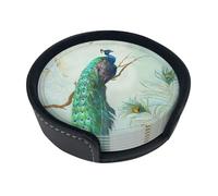 Drink Coasters Set of 6 with Storage Box Round Coasters Set PU Leather Cup Mats,Aqua Blue Elegant Peacock N Feathers Tree Branch